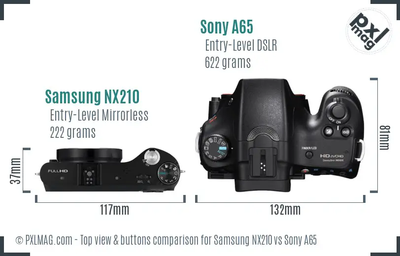 Samsung NX210 vs Sony A65 top view buttons comparison