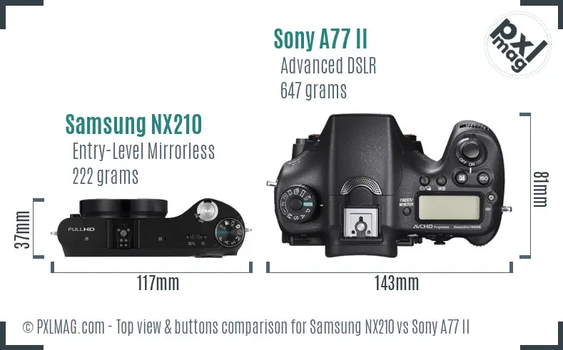 Samsung NX210 vs Sony A77 II top view buttons comparison