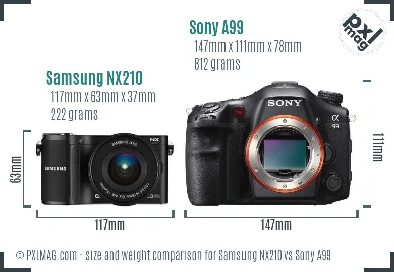 Samsung NX210 vs Sony A99 size comparison
