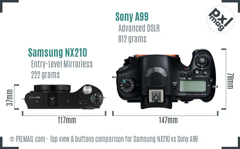 Samsung NX210 vs Sony A99 top view buttons comparison