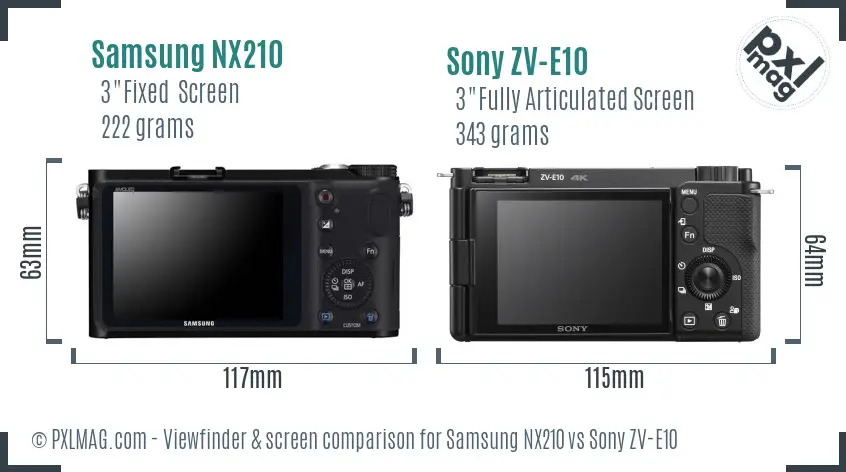 Samsung NX210 vs Sony ZV-E10 Screen and Viewfinder comparison