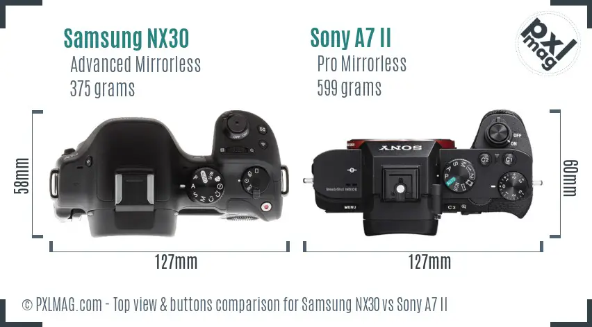 Samsung NX30 vs Sony A7 II top view buttons comparison
