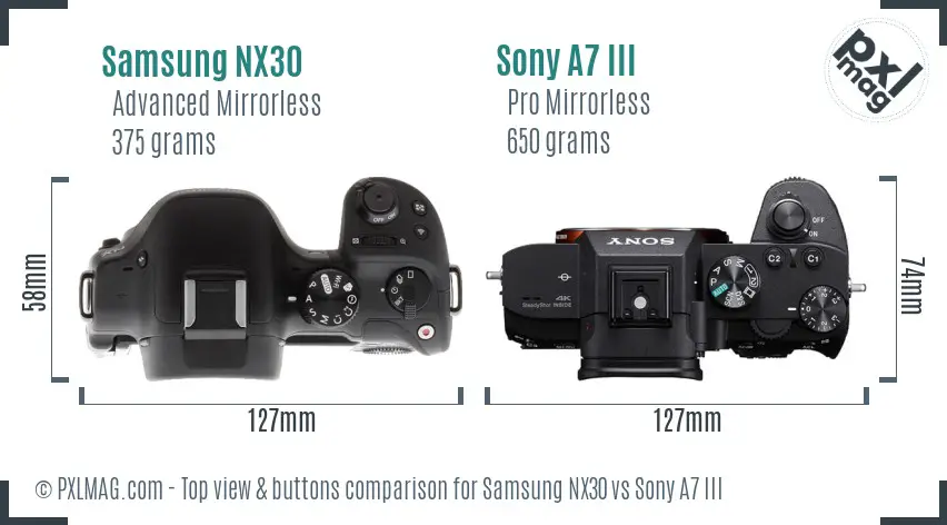 Samsung NX30 vs Sony A7 III top view buttons comparison