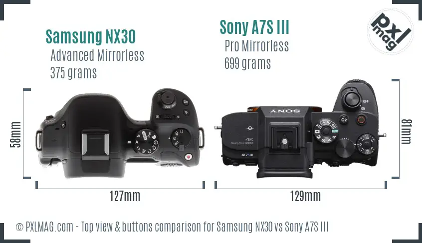 Samsung NX30 vs Sony A7S III top view buttons comparison