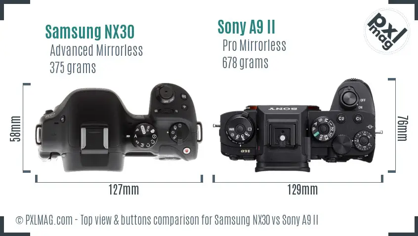Samsung NX30 vs Sony A9 II top view buttons comparison