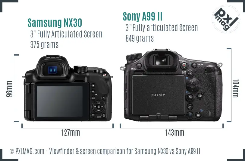 Samsung NX30 vs Sony A99 II Screen and Viewfinder comparison
