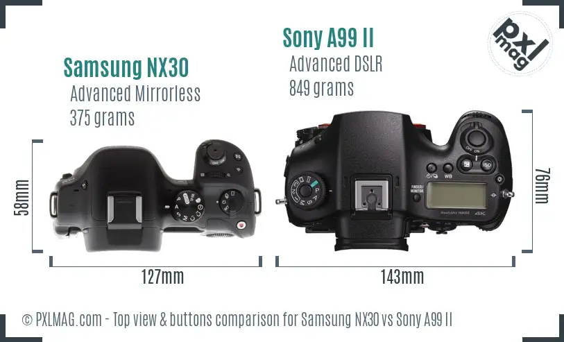 Samsung NX30 vs Sony A99 II top view buttons comparison