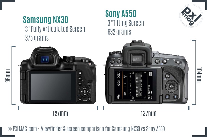 Samsung NX30 vs Sony A550 Screen and Viewfinder comparison