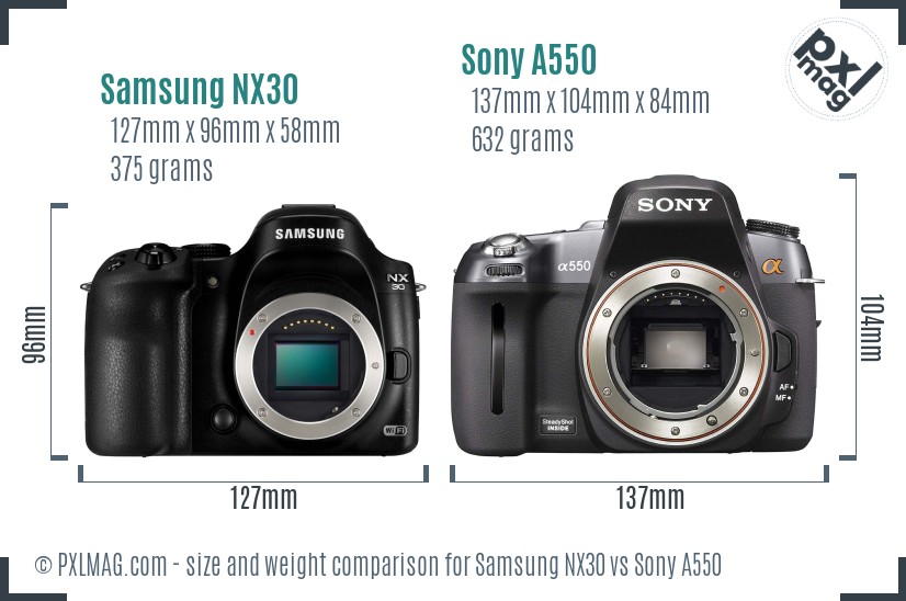 Samsung NX30 vs Sony A550 size comparison