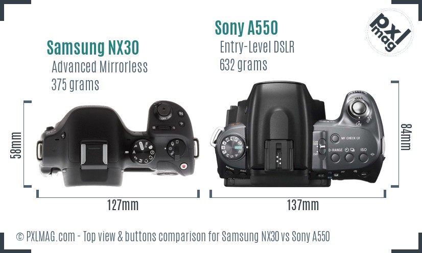 Samsung NX30 vs Sony A550 top view buttons comparison