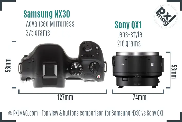 Samsung NX30 vs Sony QX1 top view buttons comparison