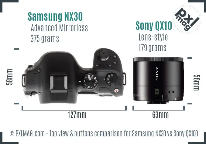 Samsung NX30 vs Sony QX100 top view buttons comparison