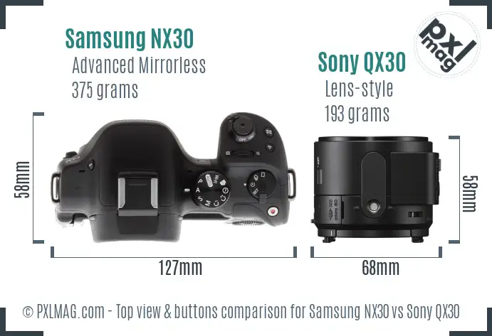 Samsung NX30 vs Sony QX30 top view buttons comparison