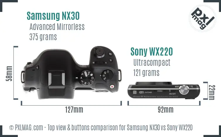 Samsung NX30 vs Sony WX220 top view buttons comparison