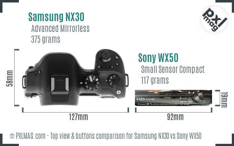 Samsung NX30 vs Sony WX50 top view buttons comparison