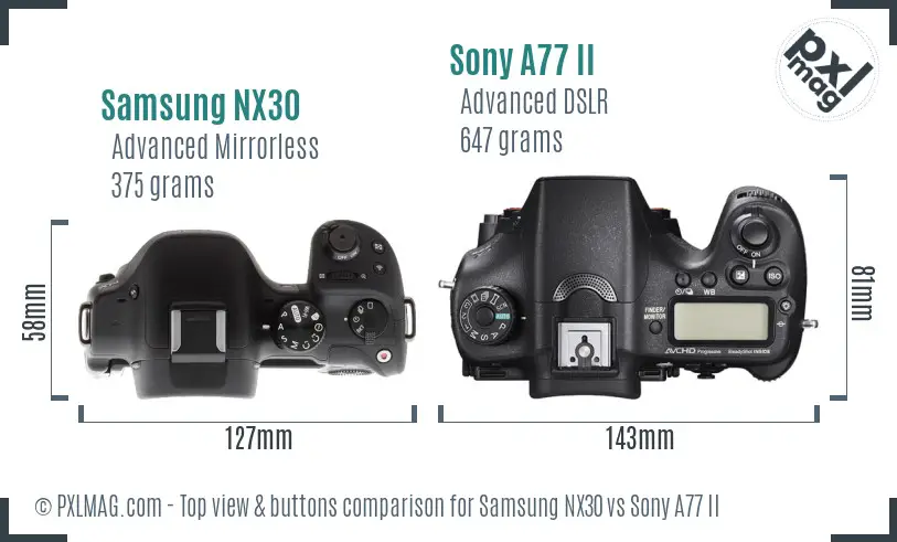 Samsung NX30 vs Sony A77 II top view buttons comparison