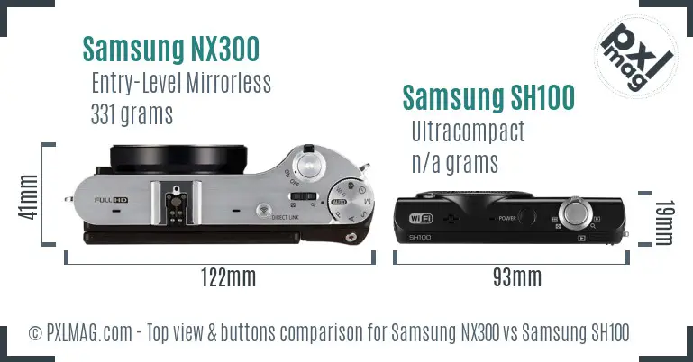 Samsung NX300 vs Samsung SH100 top view buttons comparison