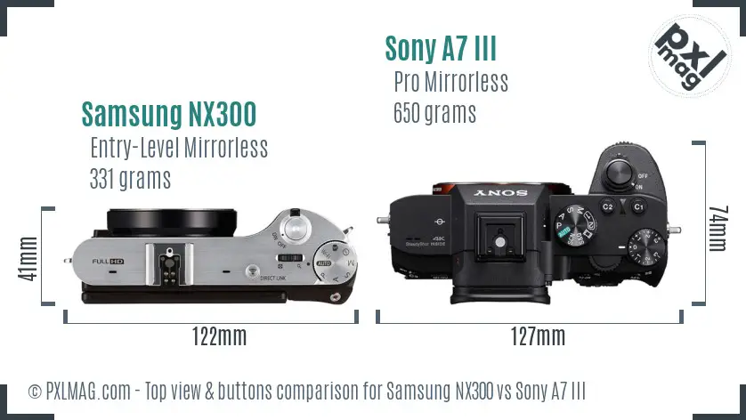 Samsung NX300 vs Sony A7 III top view buttons comparison