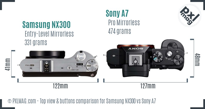 Samsung NX300 vs Sony A7 top view buttons comparison