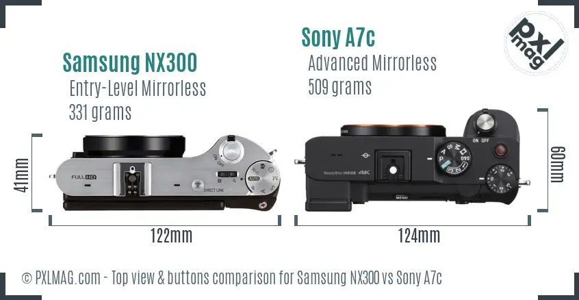 Samsung NX300 vs Sony A7c top view buttons comparison