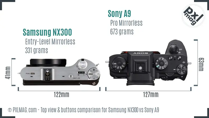 Samsung NX300 vs Sony A9 top view buttons comparison