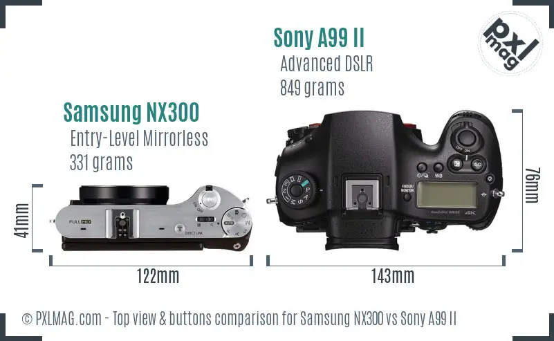 Samsung NX300 vs Sony A99 II top view buttons comparison