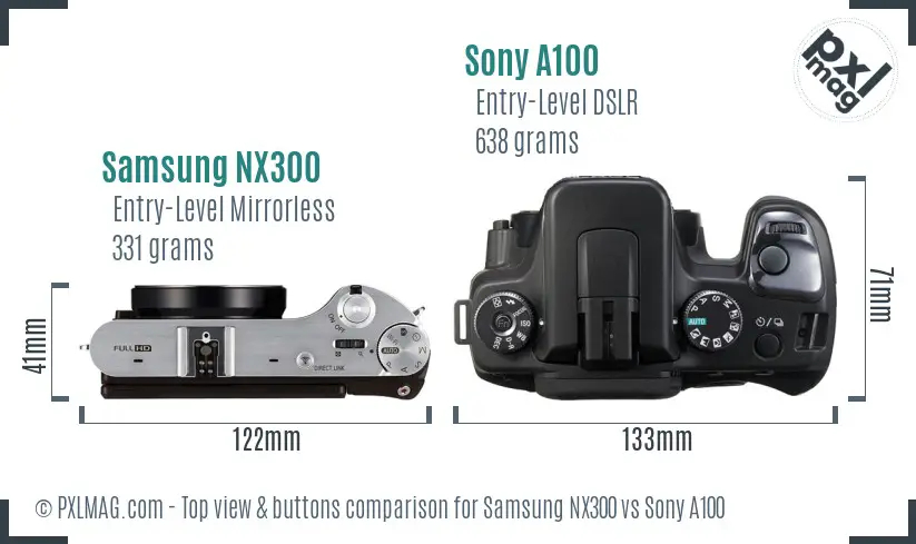 Samsung NX300 vs Sony A100 top view buttons comparison