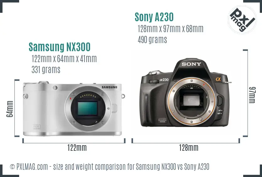 Samsung NX300 vs Sony A230 size comparison