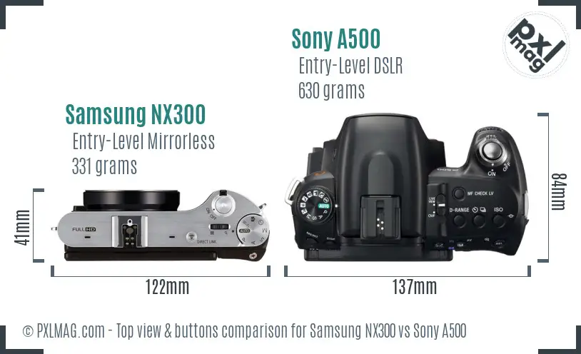 Samsung NX300 vs Sony A500 top view buttons comparison