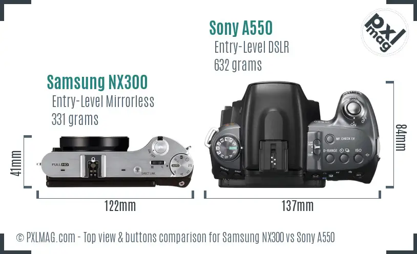 Samsung NX300 vs Sony A550 top view buttons comparison