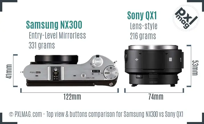 Samsung NX300 vs Sony QX1 top view buttons comparison