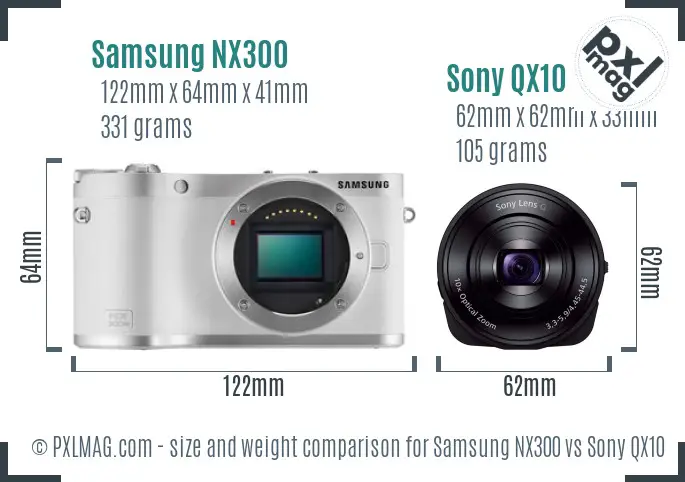 Samsung NX300 vs Sony QX10 size comparison
