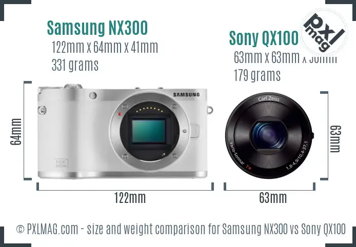 Samsung NX300 vs Sony QX100 size comparison