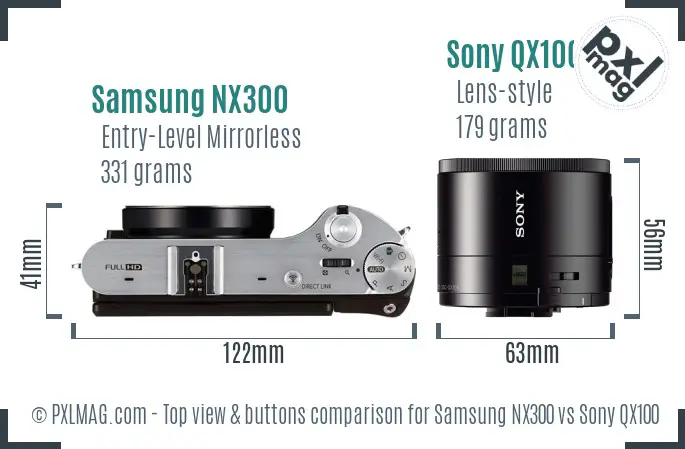 Samsung NX300 vs Sony QX100 top view buttons comparison