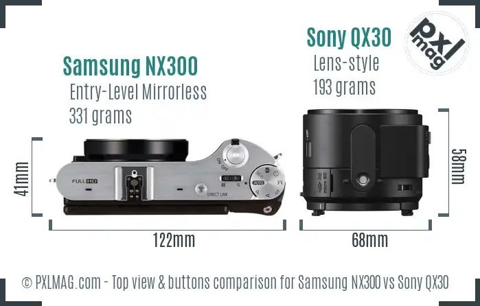 Samsung NX300 vs Sony QX30 top view buttons comparison