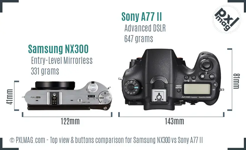 Samsung NX300 vs Sony A77 II top view buttons comparison