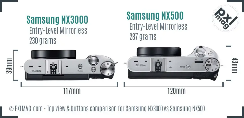 Samsung NX3000 vs Samsung NX500 top view buttons comparison
