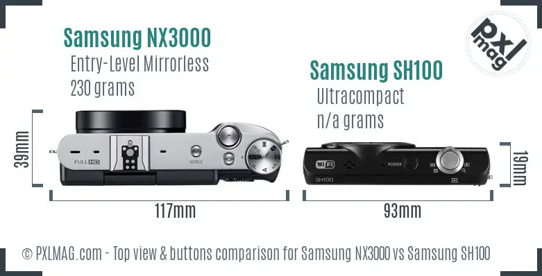 Samsung NX3000 vs Samsung SH100 top view buttons comparison