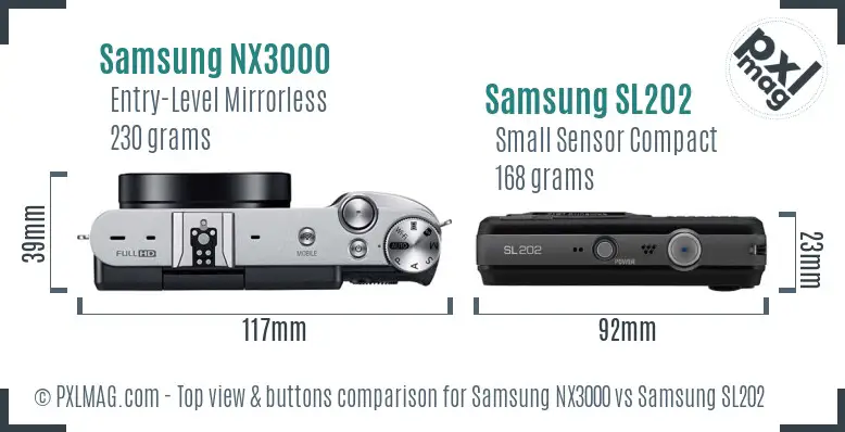 Samsung NX3000 vs Samsung SL202 top view buttons comparison