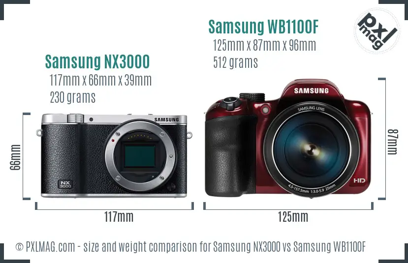 Samsung NX3000 vs Samsung WB1100F size comparison
