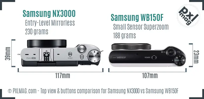 Samsung NX3000 vs Samsung WB150F top view buttons comparison