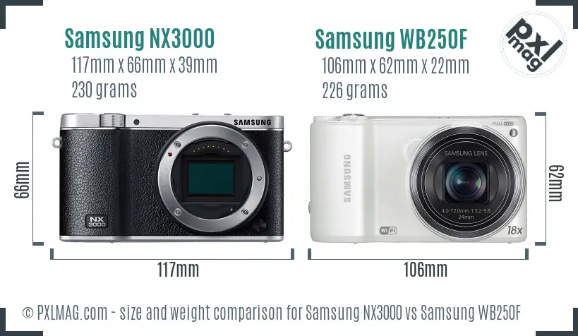 Samsung NX3000 vs Samsung WB250F size comparison