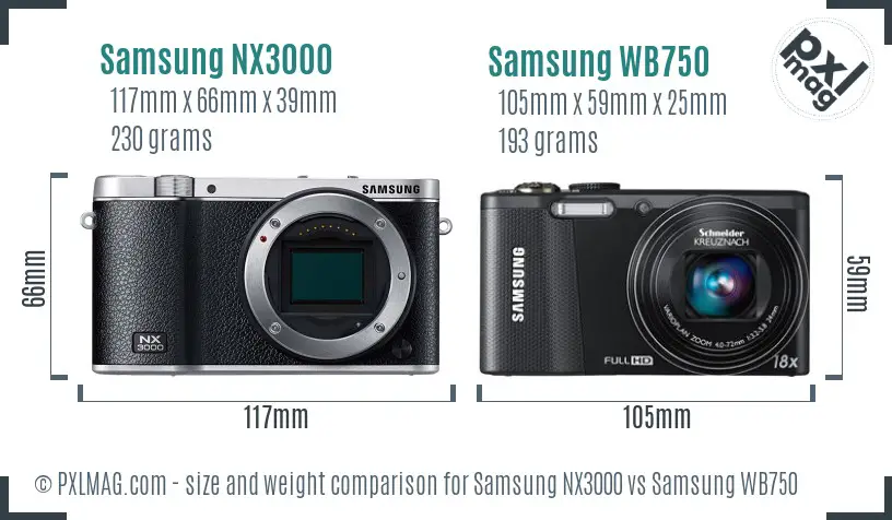 Samsung NX3000 vs Samsung WB750 size comparison