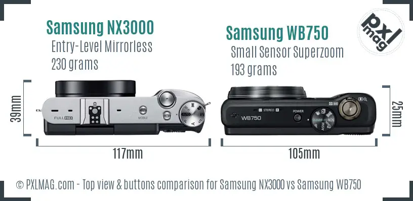 Samsung NX3000 vs Samsung WB750 top view buttons comparison