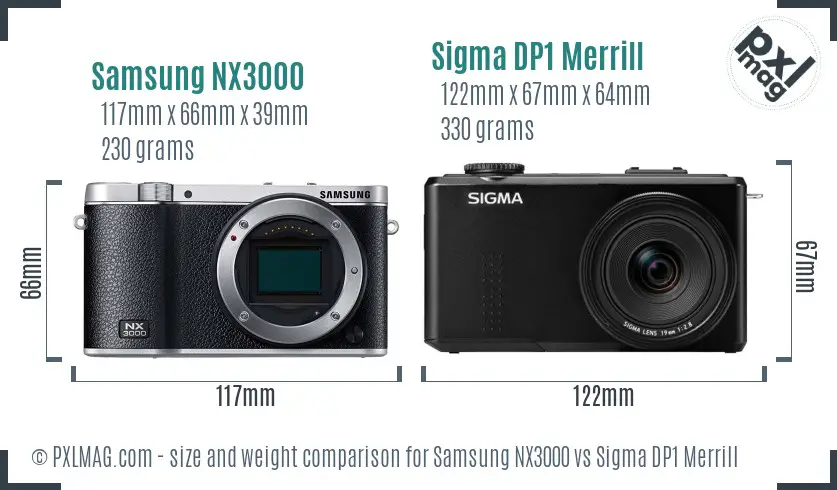 Samsung NX3000 vs Sigma DP1 Merrill size comparison