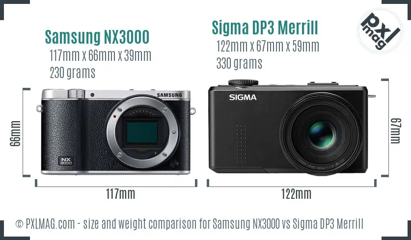 Samsung NX3000 vs Sigma DP3 Merrill size comparison
