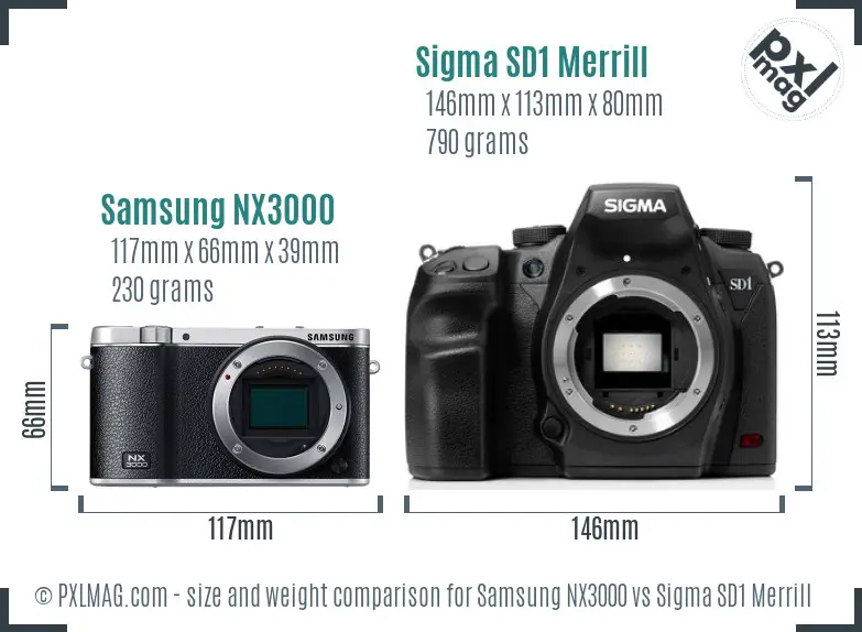 Samsung NX3000 vs Sigma SD1 Merrill size comparison
