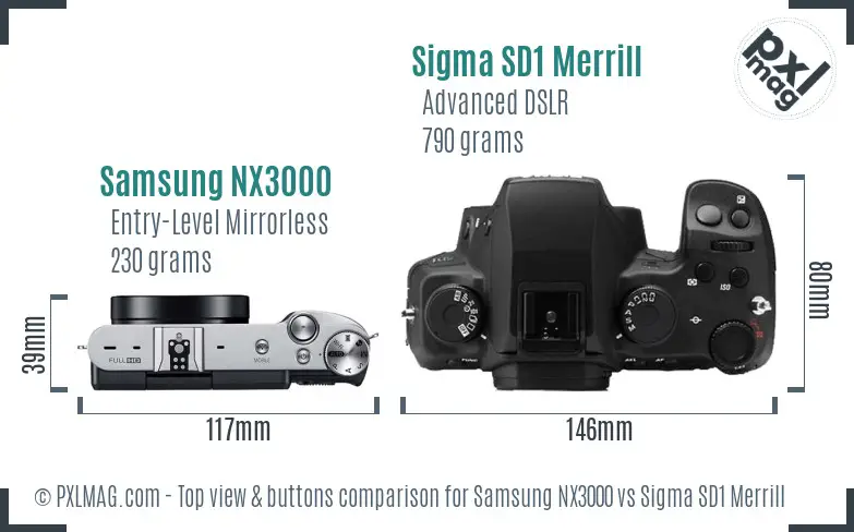 Samsung NX3000 vs Sigma SD1 Merrill top view buttons comparison