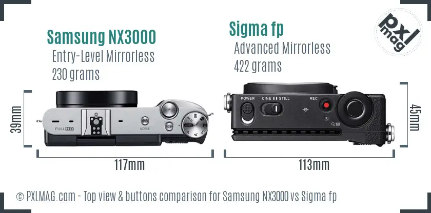 Samsung NX3000 vs Sigma fp top view buttons comparison