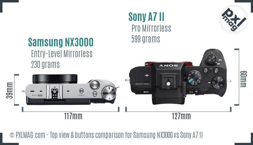 Samsung NX3000 vs Sony A7 II top view buttons comparison